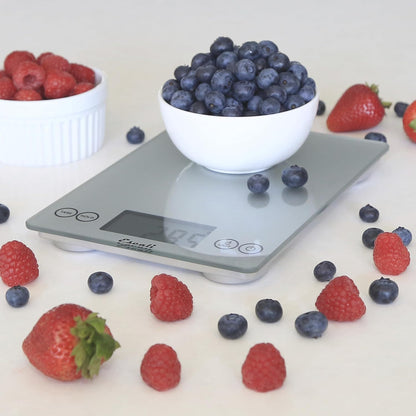 Arti Glass Food Scale Digital Countertop Kitchen, Baking and Cooking Scale with Nutrition and Calorie Counter, 15-Pound Capacity, 9" X 6.5" X .75", Shiny Silver