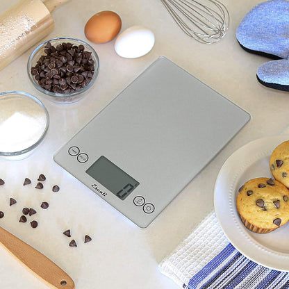 Arti Glass Food Scale Digital Countertop Kitchen, Baking and Cooking Scale with Nutrition and Calorie Counter, 15-Pound Capacity, 9" X 6.5" X .75", Shiny Silver