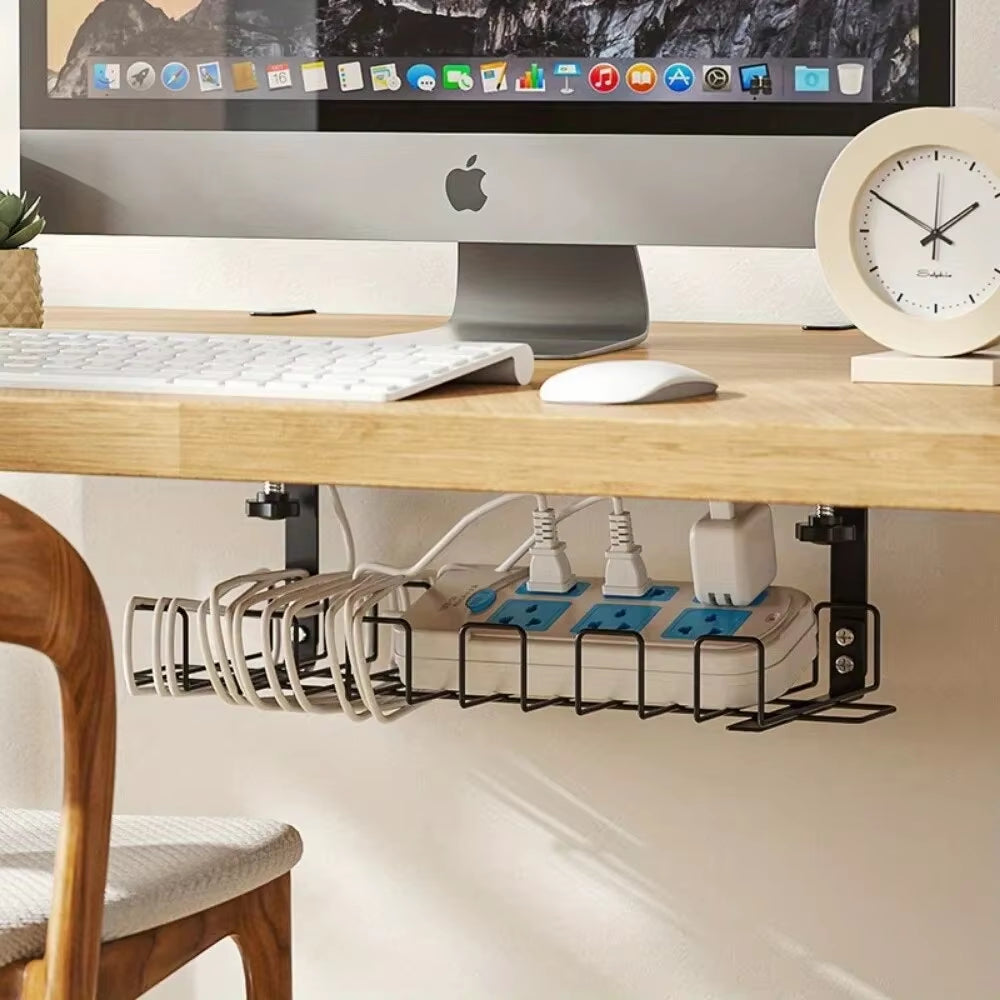 Under Table Storage Rack Metal Cable Management Tray Home Office Desk Wire Organizer No Punching Kitchen Storage Accessories