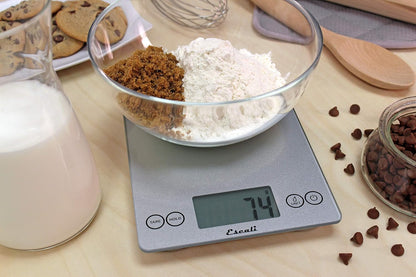 Arti Glass Food Scale Digital Countertop Kitchen, Baking and Cooking Scale with Nutrition and Calorie Counter, 15-Pound Capacity, 9" X 6.5" X .75", Shiny Silver