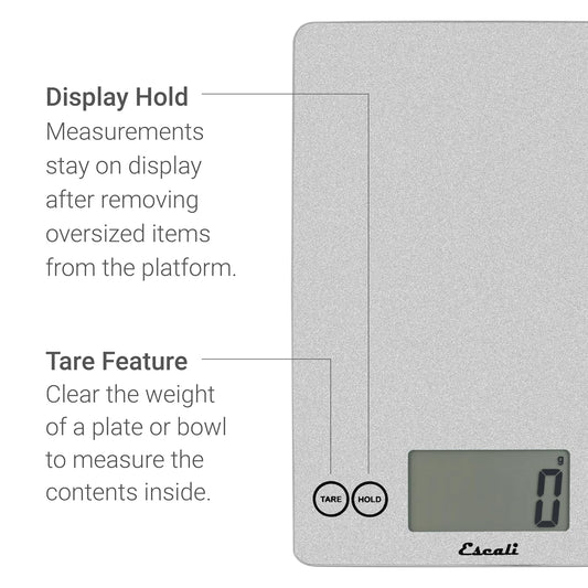 Arti Glass Food Scale Digital Countertop Kitchen, Baking and Cooking Scale with Nutrition and Calorie Counter, 15-Pound Capacity, 9" X 6.5" X .75", Shiny Silver