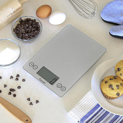 Arti Glass Food Scale Digital Countertop Kitchen, Baking and Cooking Scale with Nutrition and Calorie Counter, 15-Pound Capacity, 9" X 6.5" X .75", Shiny Silver